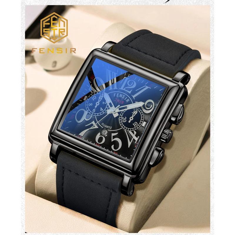 Square Dial, Leather Strap, Men's Waterproof Luminous Calendar Gift Watch