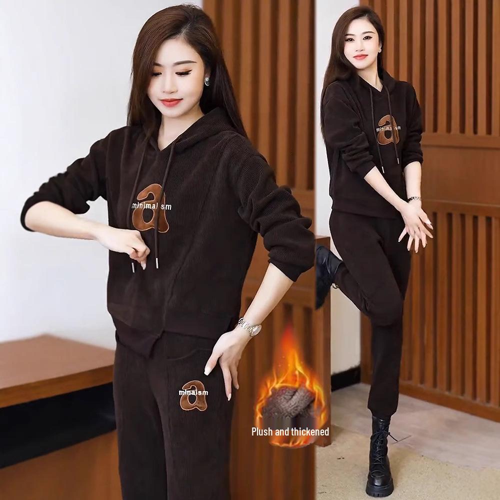 Women's Fleece-Lined Hooded Sweatshirt & Sweatpants Set - Stylish, Slimming, Perfect for Autumn/Winter 2024