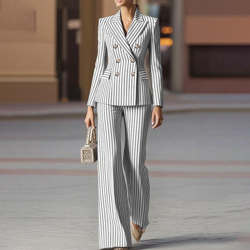 ZANZEA Women Casual Blazer and Pants Stripe Print Two Piece Suit Sets