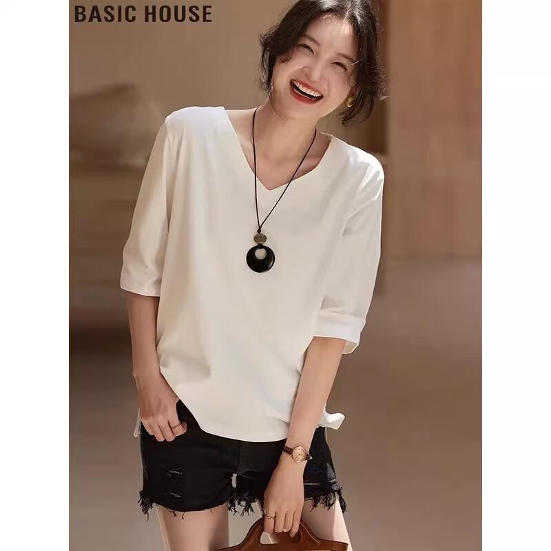 Basic House Women s Korean Style Simple V-Neck Loose Short Sleeve T-Shirt 3XL
