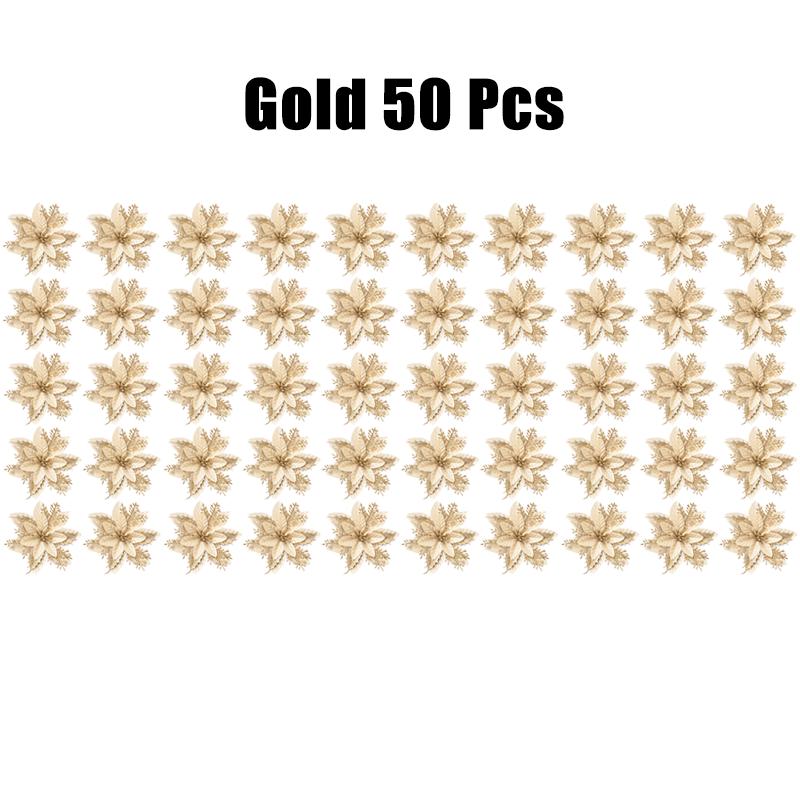 10/30/50PCS Glitter Christmas Flowers Fake Flower Tree Decorations 2026 Home Tree Pendant Ornaments Navidad New Year Gift