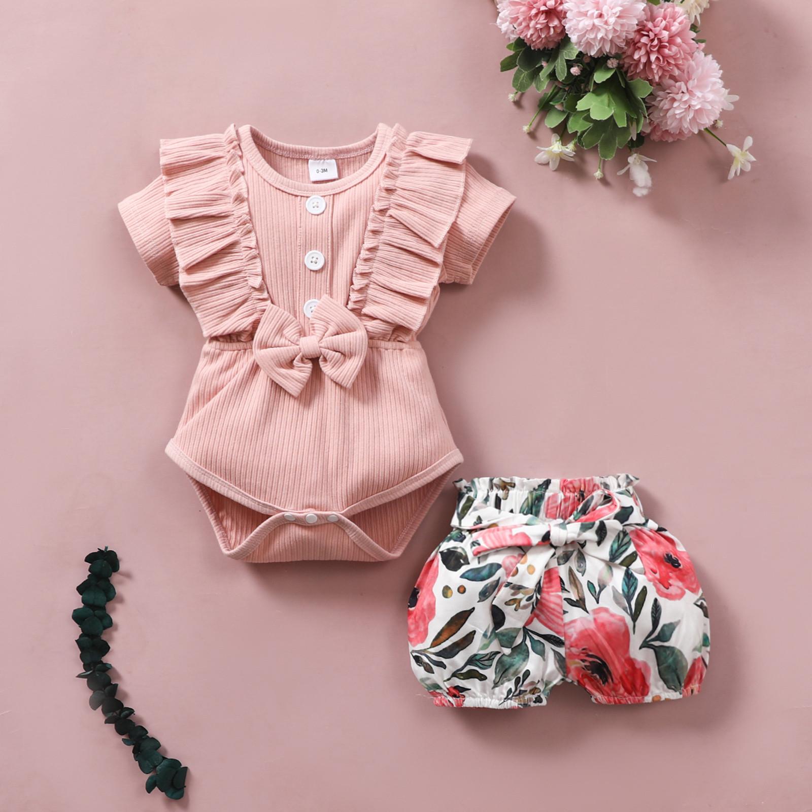 

Newborn Infant Baby Girls Ruffles Ribbed Romper Tops Floral Shorts Set Outfits