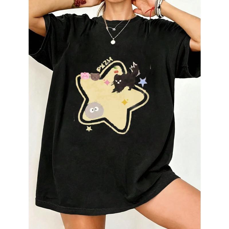 

Oversized T Shirt Black Star Print With Cats And Text Pm2h Casual Wear For Women S