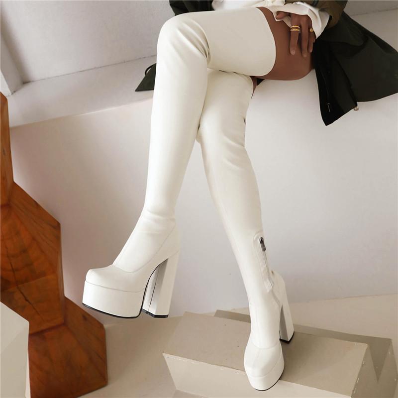 Stivali col tacco alto da donna, stivali sexy europei e americani impermeabili con plateau, tacco spesso, tinta unita, grandi dimensioni, al ginocchio