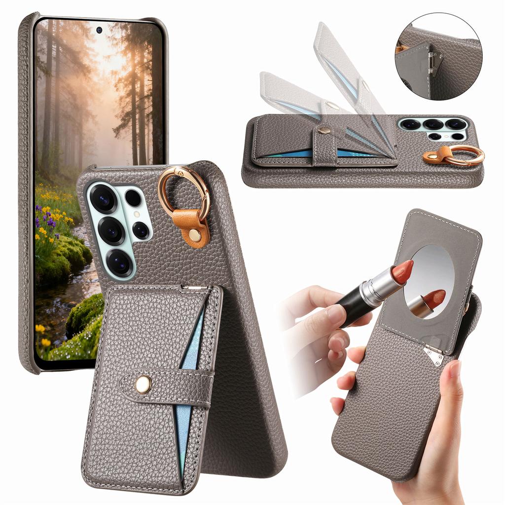 Card Solt Ring  Holder Leather Case For Samsung S26 Ultra S25 S24 Plus S23 S22 A17 A07 with Makeup Mirror Shockproof Stand Cover