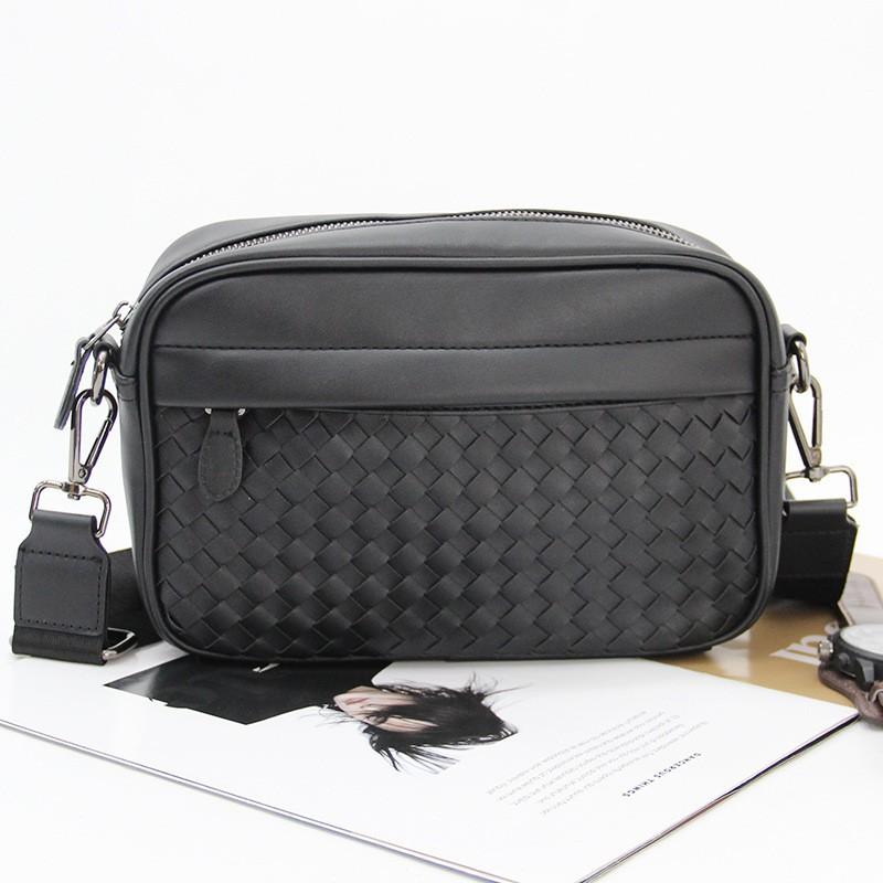 Fashionable Men s Hand-knitted Shoulder Bag Korean Leather Cross-body Casual Square Small Backpack