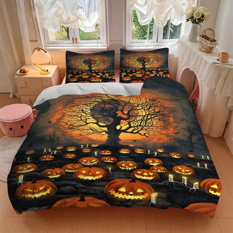 3pc Halloween Pumpkins Cover Set - 1 Quilt Cover + 2 Pillowcases, All Seasons Bedroom Setting, Perfect for Home023