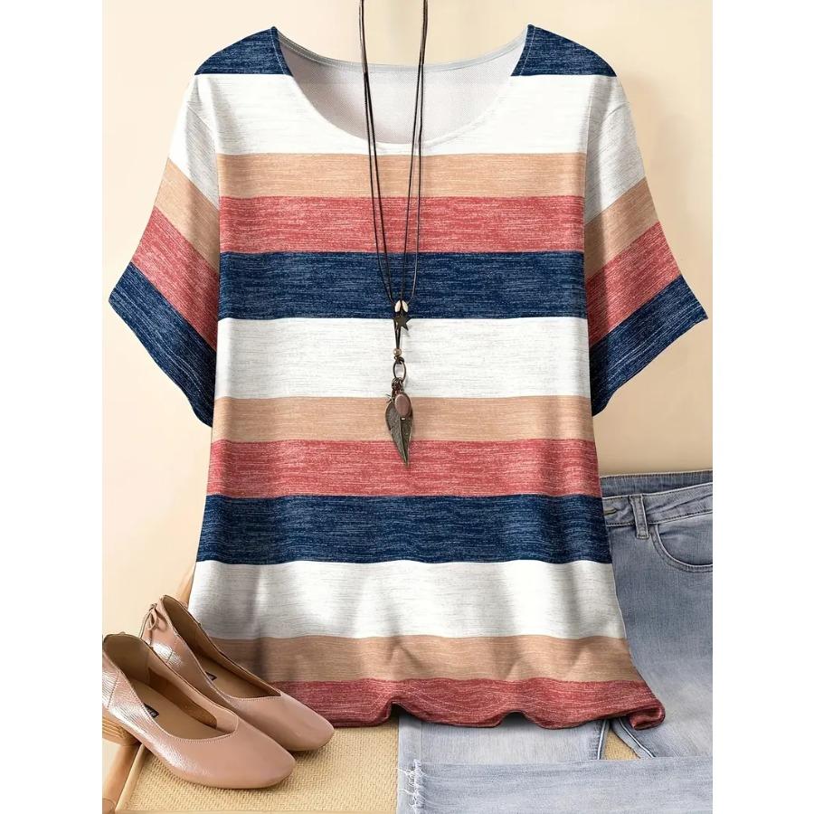 

Футболка в яркую полоску больших размеров - Повседневный топ с коротким рукавом и круглым вырезом - Стильная и удобная для весны и лета - Женская модная одежда больших размеров XXL