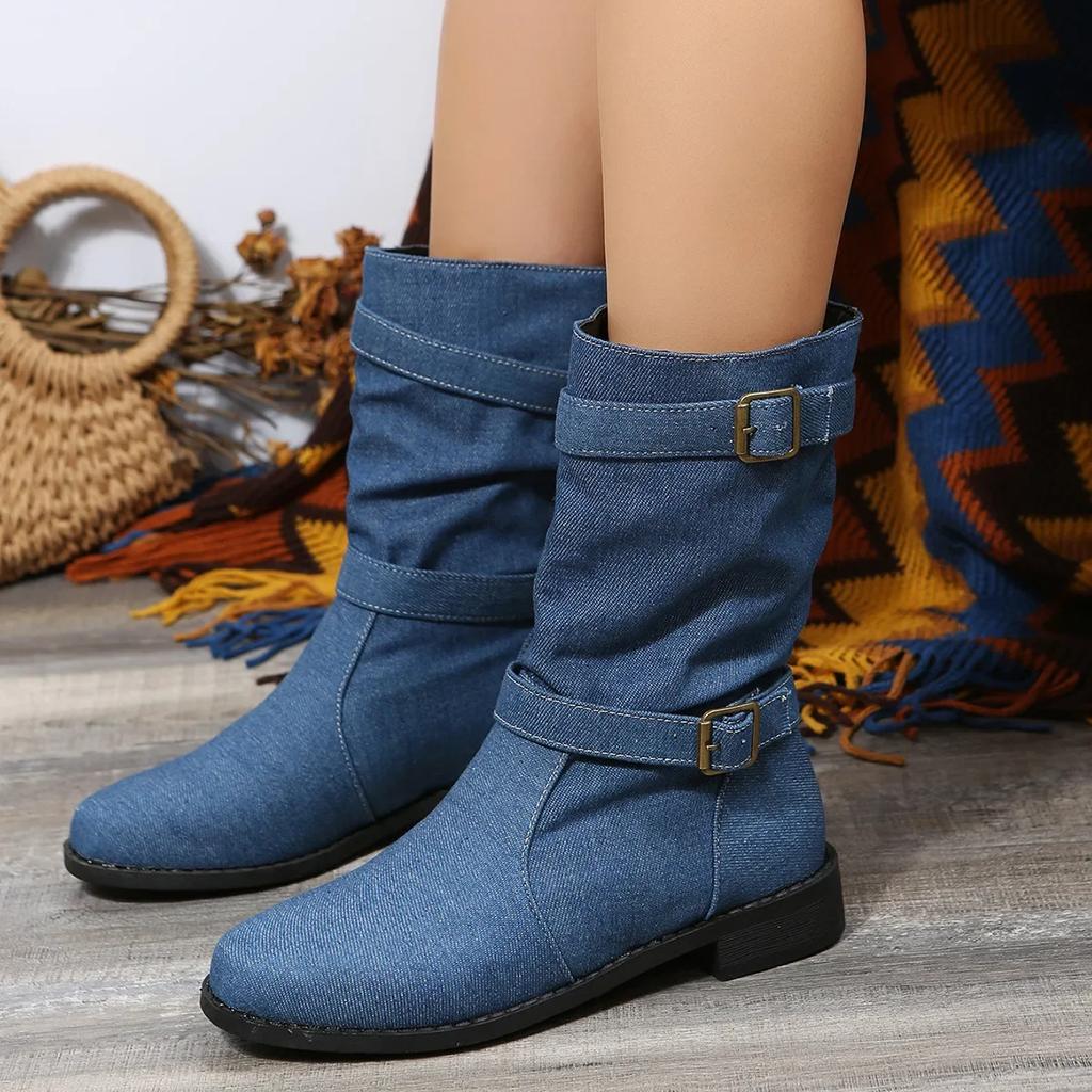 Large Buckle Denim Women's Boots Blue Buckle Fashion Boots Autumn Winter New Square Heel Round Toe Women's Boots Platform Shoes