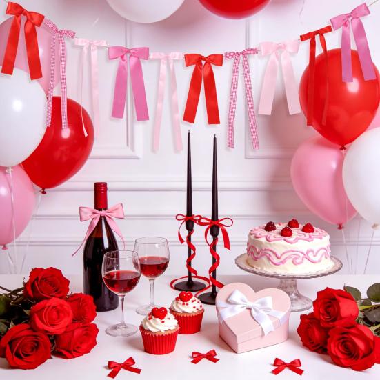 Valentine's Day Bow Garland for Bridal Shower Bachelorette Wedding Engagement Red Pink Ribbon Bow Banner for Mantle Wall Room Decor