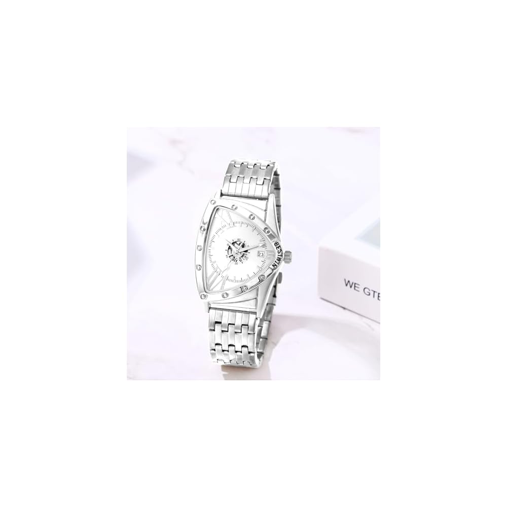 Men's Waterproof Quartz Watch Silver Case Adjustable Triangle Dial Stainless Steel Strap White Dial