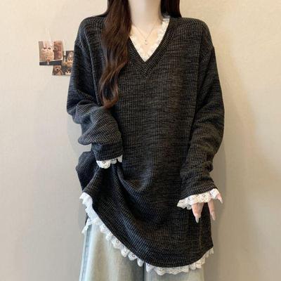 Pull Patchwork Coréen Grande Taille à Col en V et Manches Longues - Haut Mode Lâche Automne/Hiver pour Femme