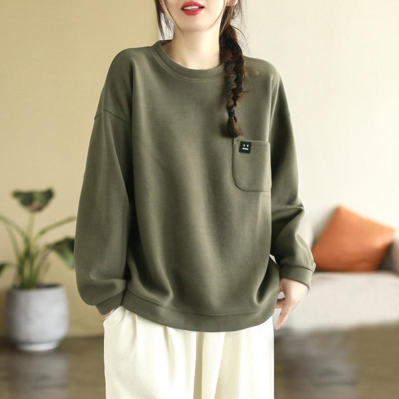 Women S Plus Size Green Loose Fit Round Neck Long Sleeve Pocket Casual Hoodie