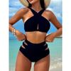 Cikini Solid Color Halter Neck Vacation Matching Bikini Set And Swim Trunks Two-Piece Bikini Set,Summer Beach