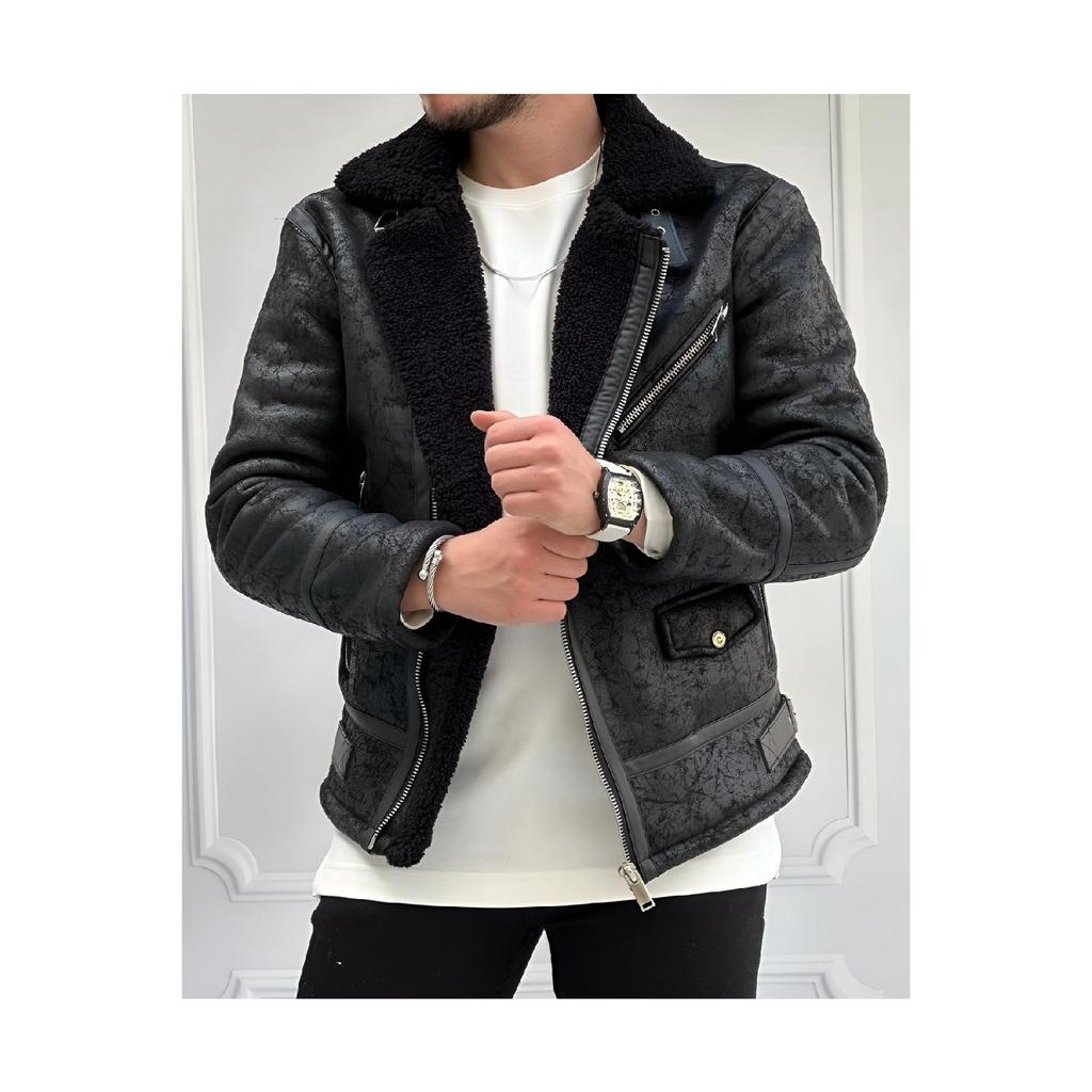 Men's Stone White Napa Leather Coat With Full Shearling Inside Northern Model Coat
