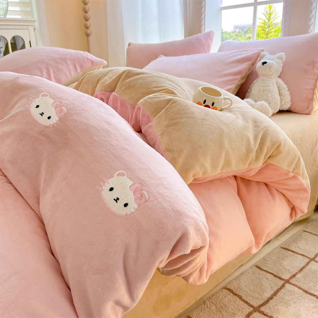 Thickened Milk Fleece Four-Piece Set, Embroidered Coral Fleece Quilt Cover, Thermal Bedding, Fleece Bed Sheet Three-Piece Set