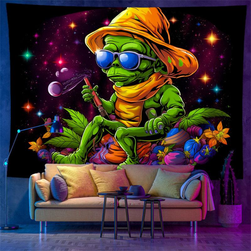 Psychedelic Alien DJ Tapestry Wall Hanging Headphones Turntable Cosmic Galaxy Neon Trippy Aesthetic Wall Art Dorm Decor