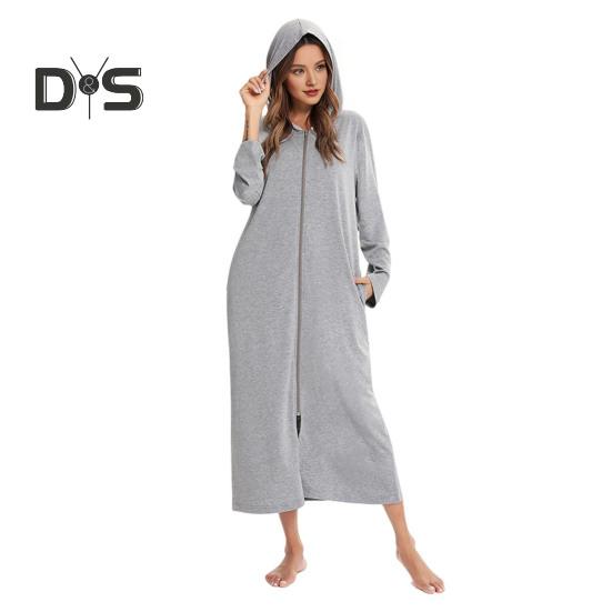 Nachthemd mit Reißverschluss für Damen, lange Ärmel, lockere, reine Farbe, mit Taschen, wadenlange Loungewear mit Kapuze, für den Alltag, für zu Hause, im Schlafzimmer