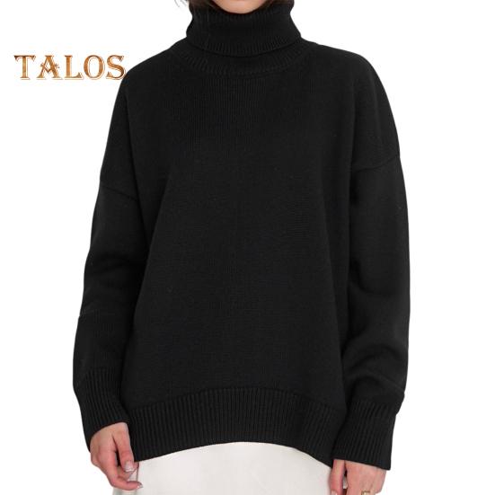 

Женский свитер с высоким воротником, длинным рукавом, ребристой отделкой, пуловер, свободный крой, однотонный, средней длины, трикотажные топы S чёрный