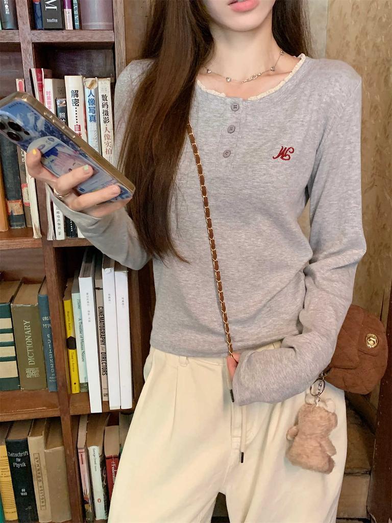 Design Embroidered Top Women's Spring Lace Half Open Neck Button Long Sleeve T-Shirt Bottom Shirt