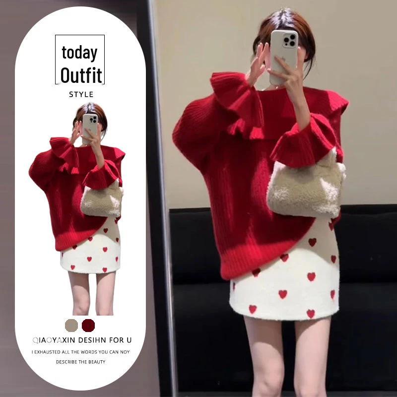 

Korean-Style Christmas Outfit: Women s Ruffle Knit Top & High-Waisted Skirt Set for Autumn/Winter L (Recommended 52.5-57.5 kg)