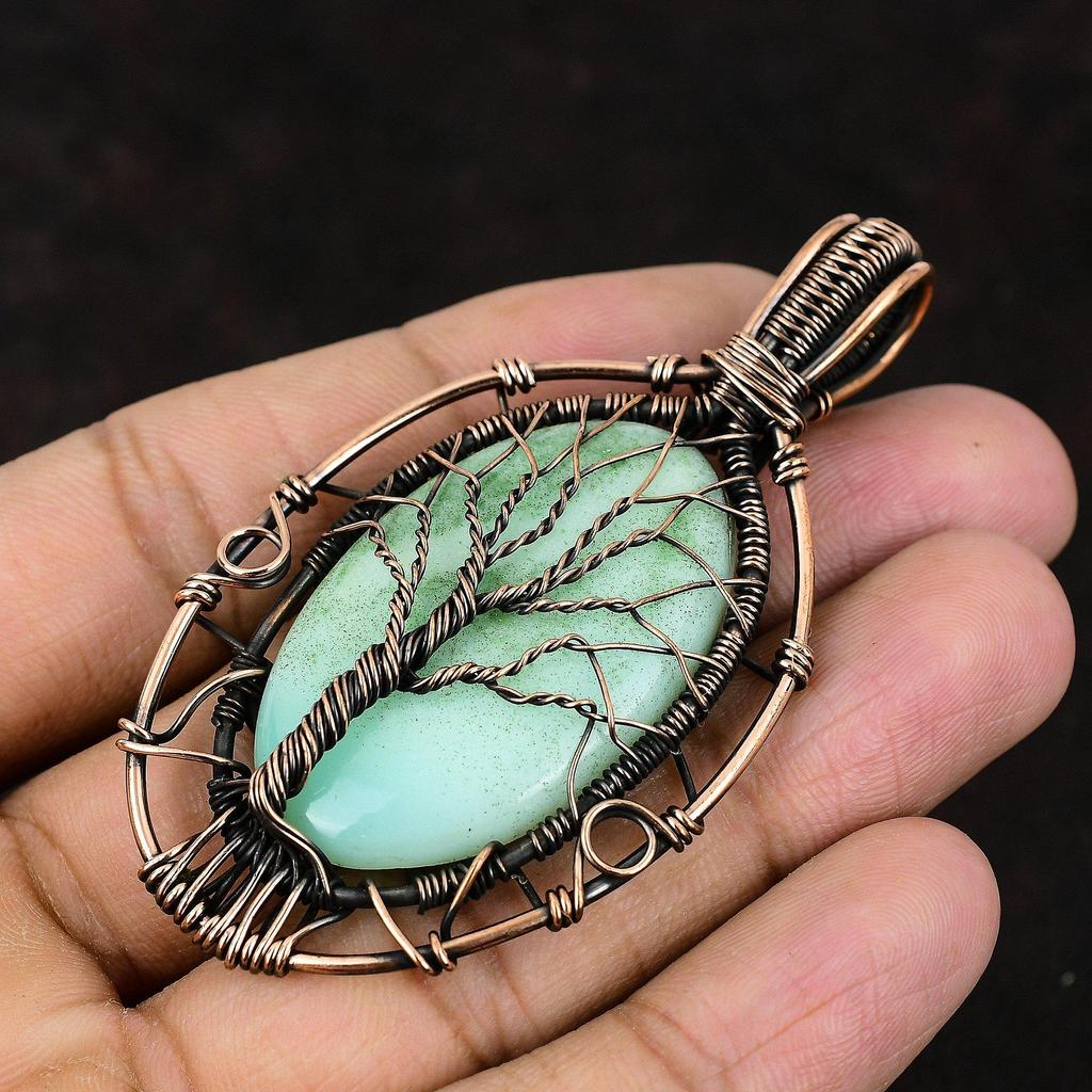 Pingente de crisópraso da árvore da vida, joia enrolada em fio de cobre, pingente incrível, joia com pedras preciosas, presente para ela, presente para menina, joia de crisópraso