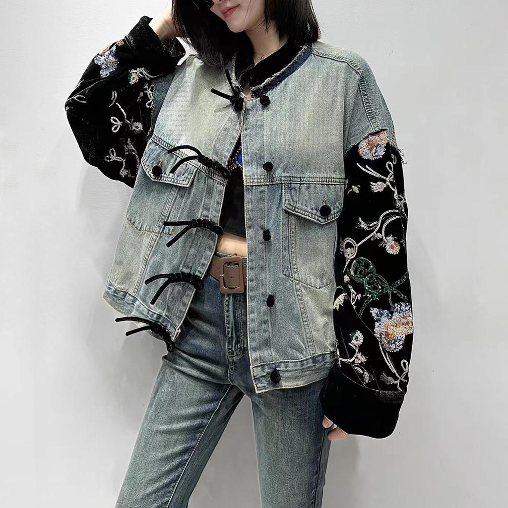 Autumn new splicing sequined velvet sleeves new Chinese style retro stand-up collar denim jacket top women