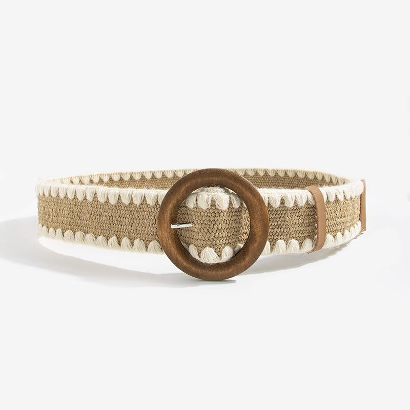 Bohemian Belt, Women's Straw-woven Woolen Decorated Round Wood Buckle Elastic Belt, Natural Vacation Style Belt