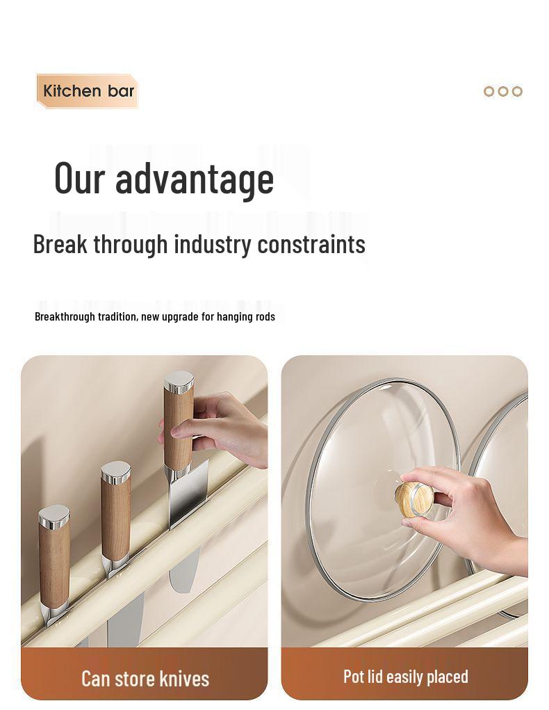 Stainless Steel Wall-Mounted Kitchen Hook & Pot Lid Rack with Knife Holder.