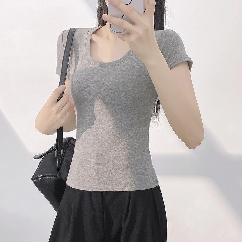 Women's Summer Slim Fit Pink U-Neck T-Shirt - Versatile & Stylish Short Sleeve Top