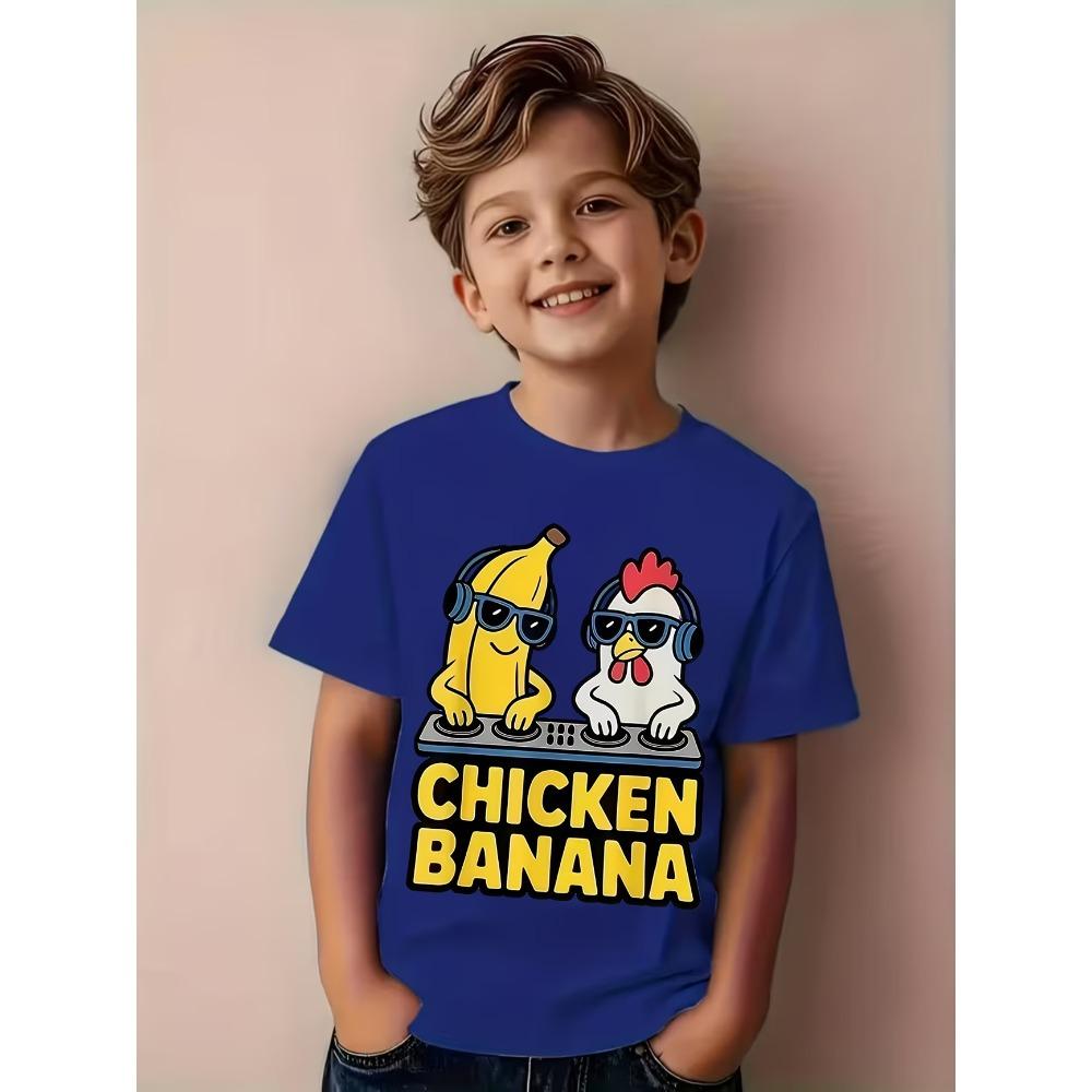 T-shirt per bambini con stampa di pollo cartone animato e banana, girocollo, manica corta, casual, sportiva, alla moda, abbigliamento per ragazzi e ragazze, top