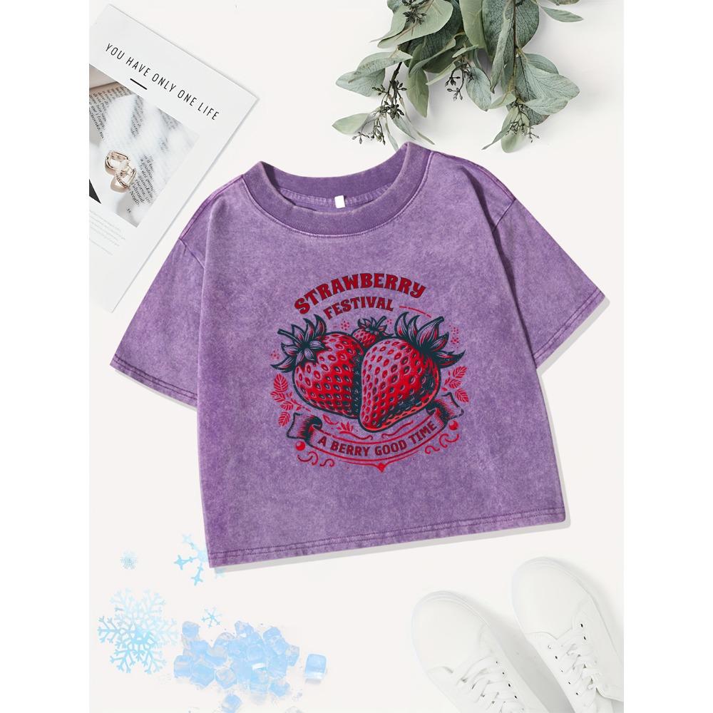 Summer Cotton Crop Tops Womens Strawberry Estival A Berry Good Timeprints Washed T-Shirt O-Neck Regular Fit Tees Clothes