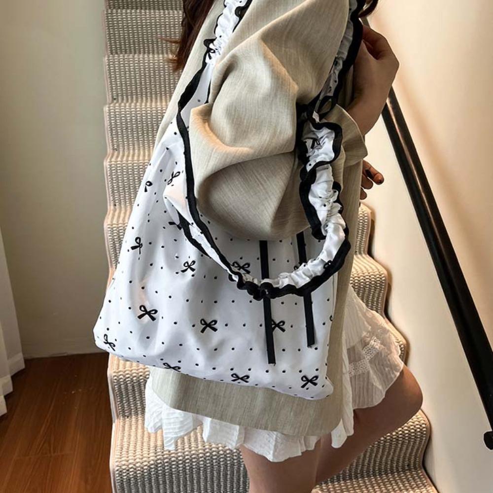 

Sweet Bow Floral Shoulder Bag Large Capacity Nylon Shopping Pouch Pleated Strap Tote Bag Spring Style 1