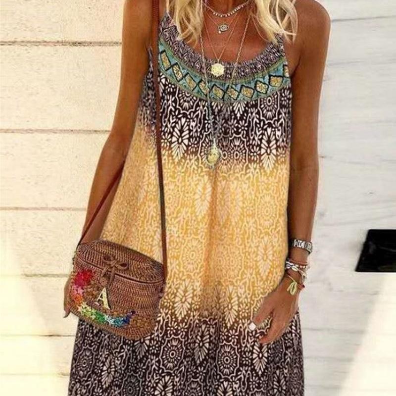 Ladies Fashion Summer Boho Loose Casual Print Ethnic Slip Dress
