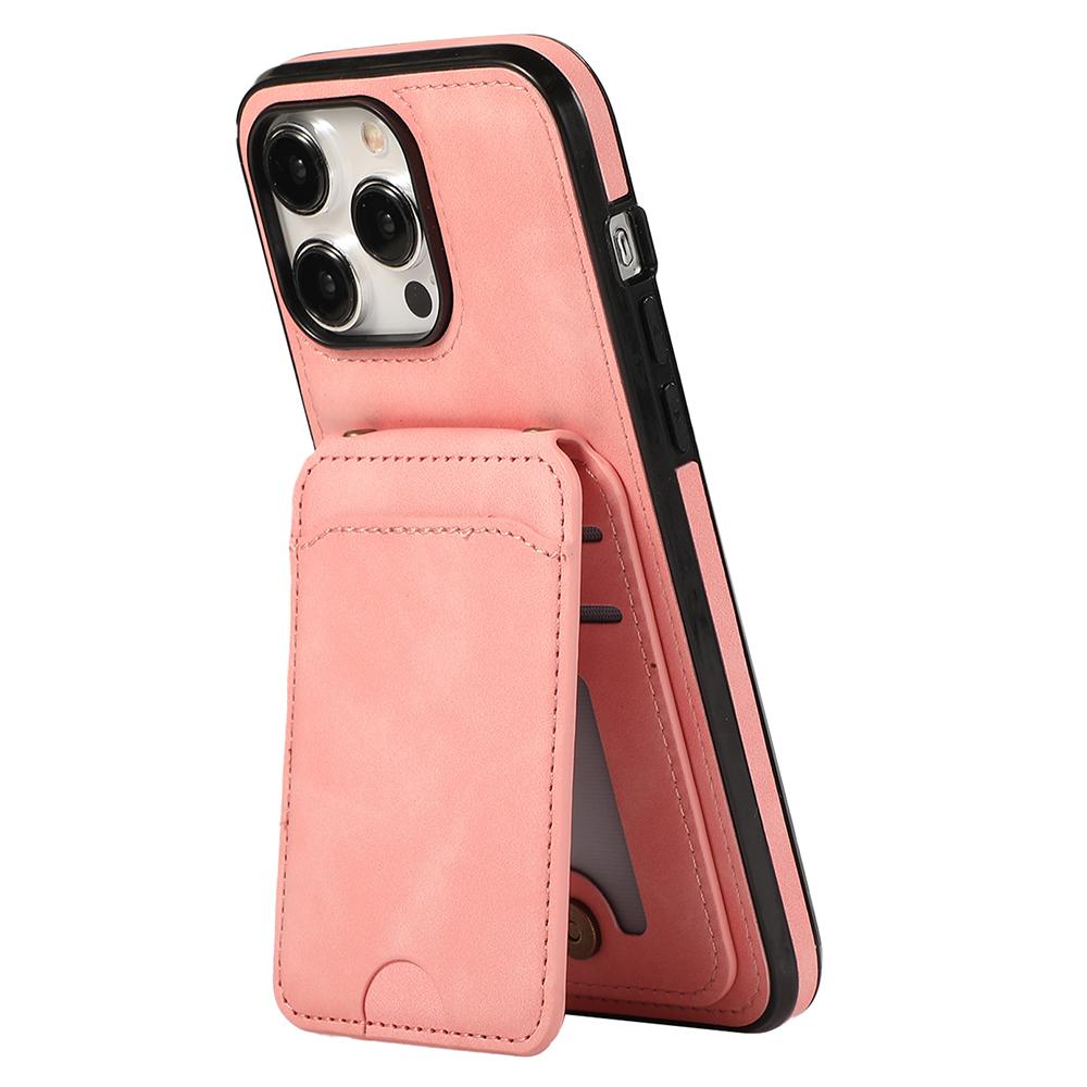 For iPhone 15 Pro Max Case Card Holder Kickstand Leather+TPU Phone Cover with Shoulder Strap