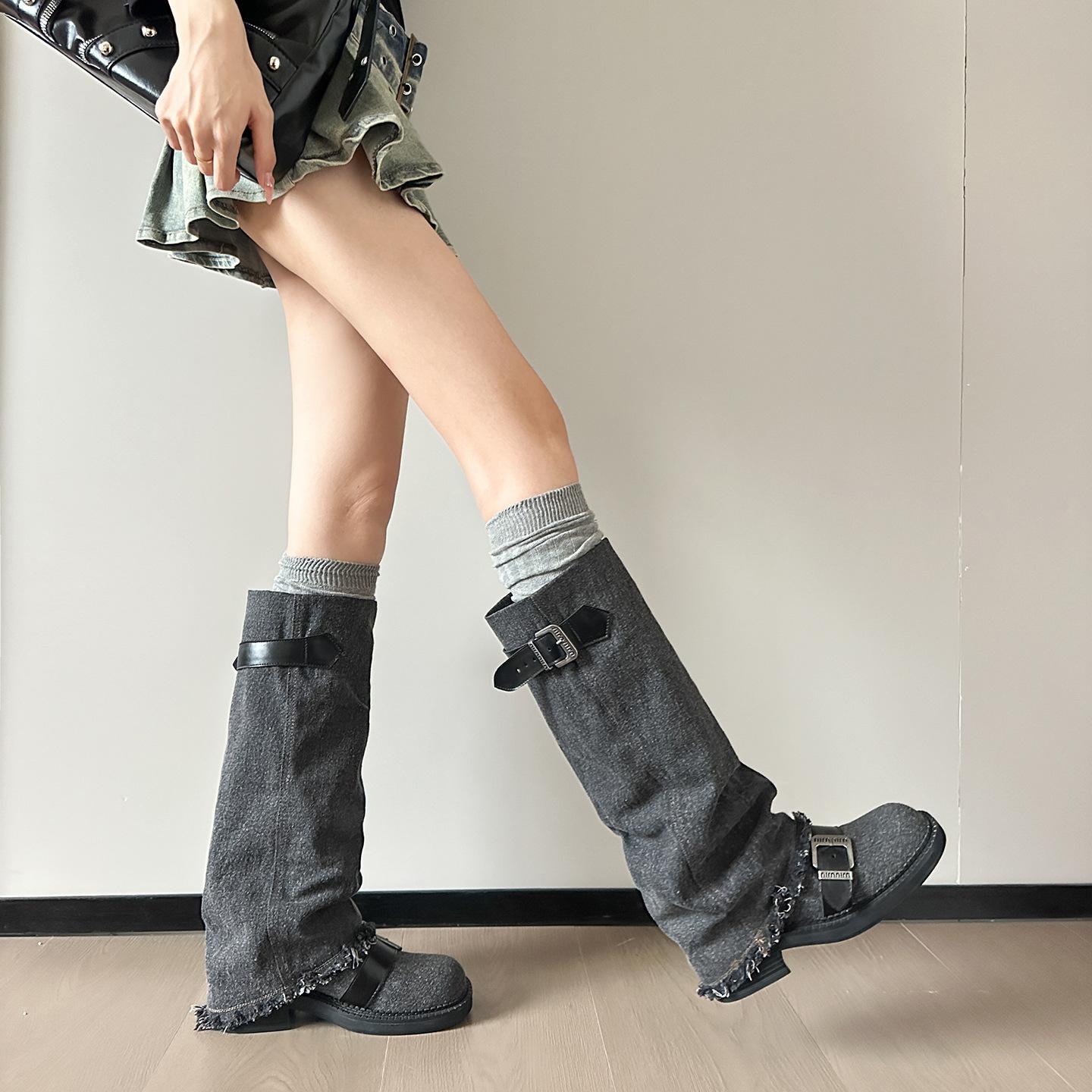 Ретро толстый каблук брюки рукав ковбойские сапоги женские 2025 осень новый стиль пустоши нагромождение высокие сапоги Маillard 35 темно-серого