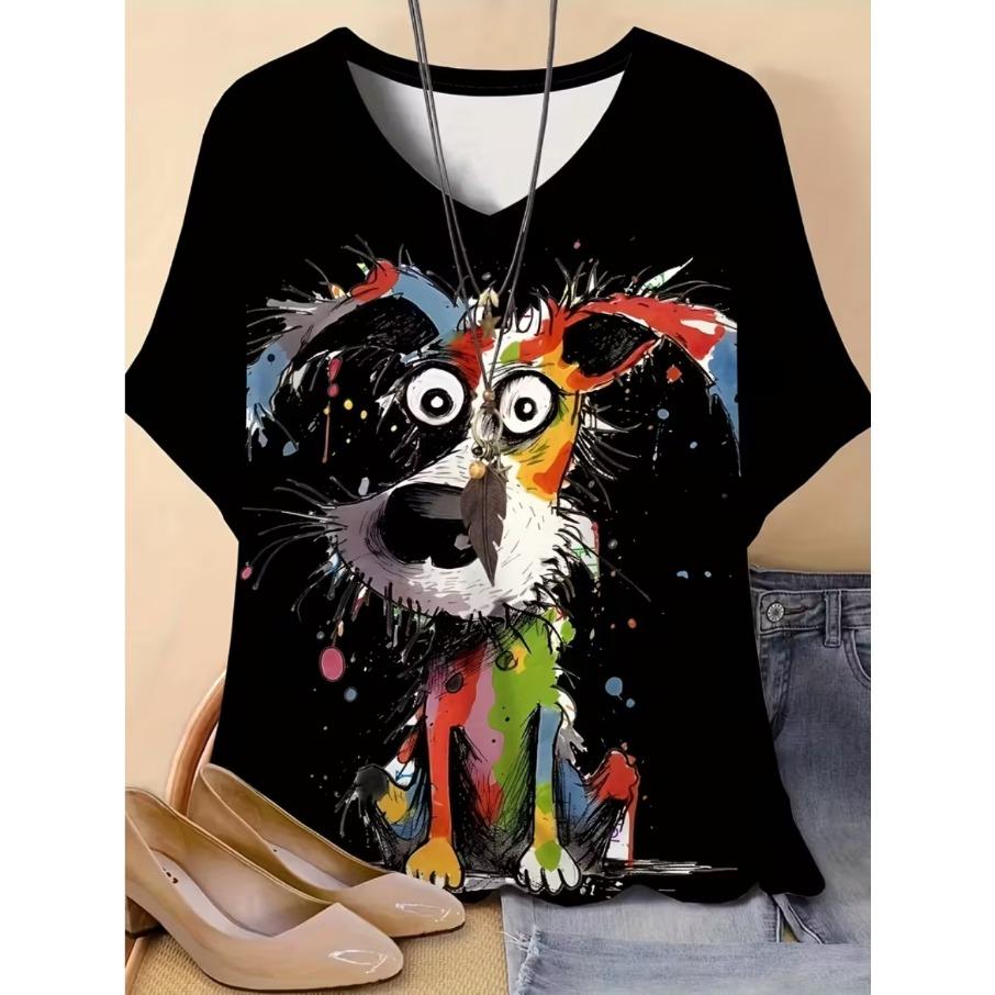 XL-7XL Plus Size Women's Men Animal Dog Casual 3D Print Loose V Neck Short Sleeved T-shirt Top