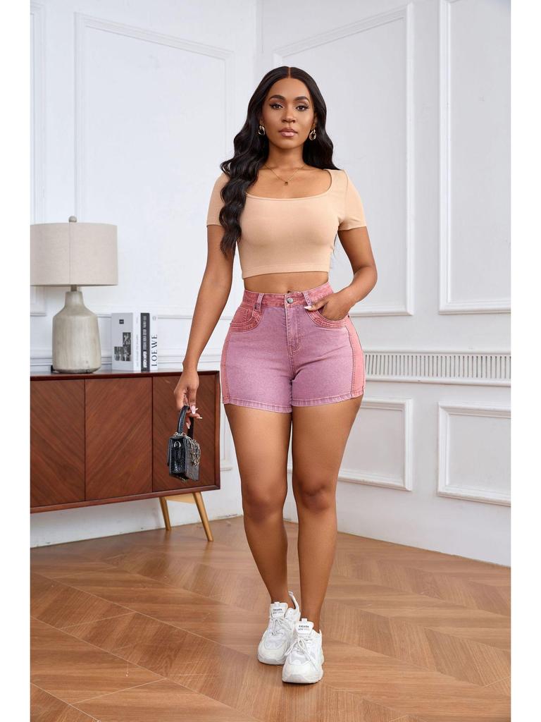 2025 European & American Stretch Fashion Patchwork Denim Hip-lifting Shorts for Women