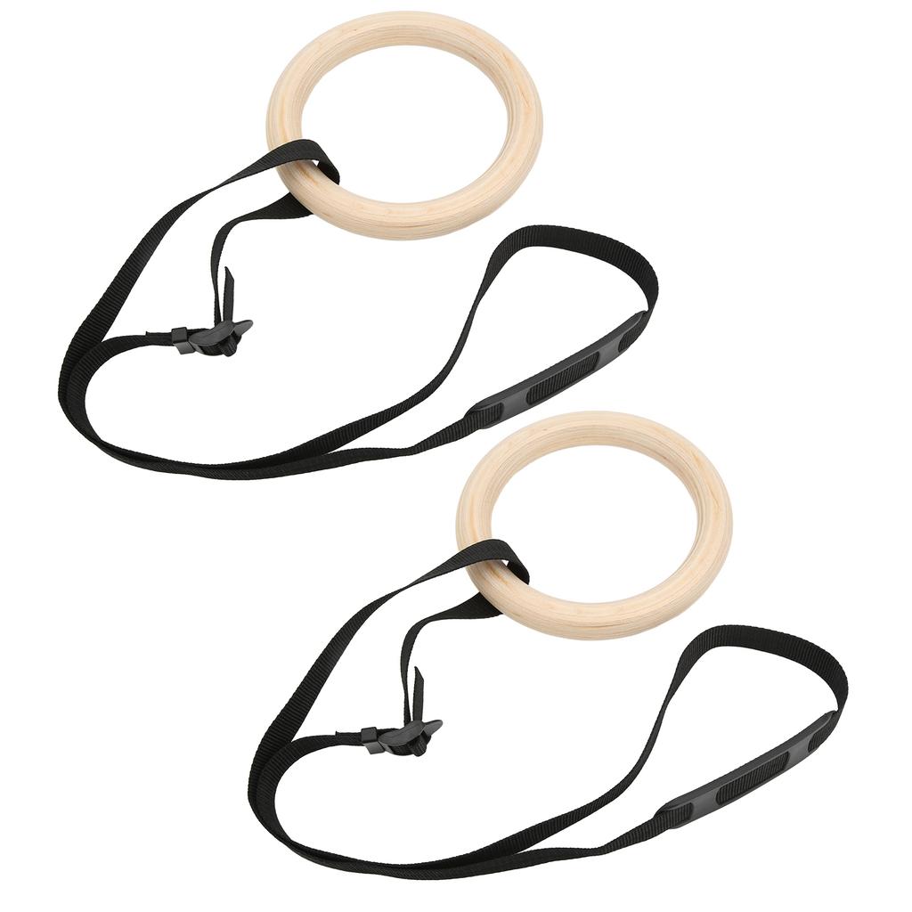 1 Pair Wooden Gymnastic Rings with Adjustable Buckle Straps 330lbs Capacity Pull Up Exercise Rings for Home Gym Workout