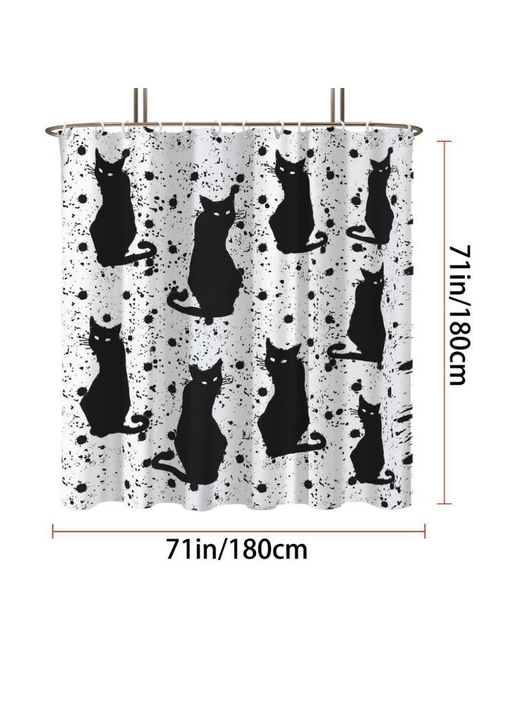 1Pc Black Cat Print Waterproof Shower Partition Privacy Protection Curtain With 12 Hooks Multiple Sizes Easy To Installation