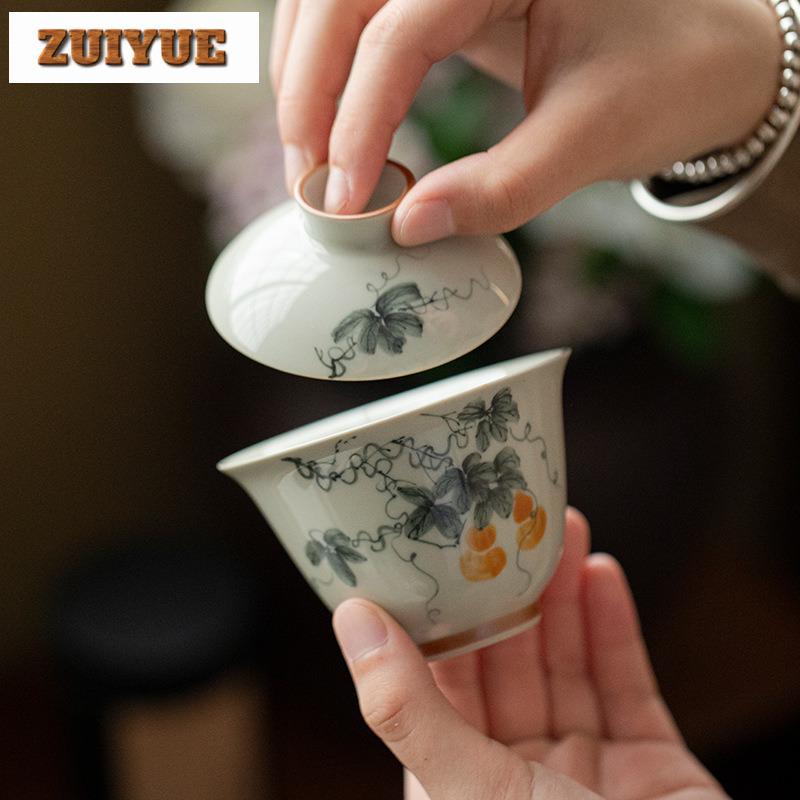135ml Antique Green Hand-painted Gourd Gaiwan Ancient Tea Tureen Tea Bowl With Lid Kit Tea Brewing Cover Bowl Teaware Ornaments