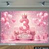 2D-Ebene 3. Geburtstag Party Banner Hintergrund - Rosa glitzernde Zahl 3 Thema kombiniert mit Kronen und rosa Herzballons