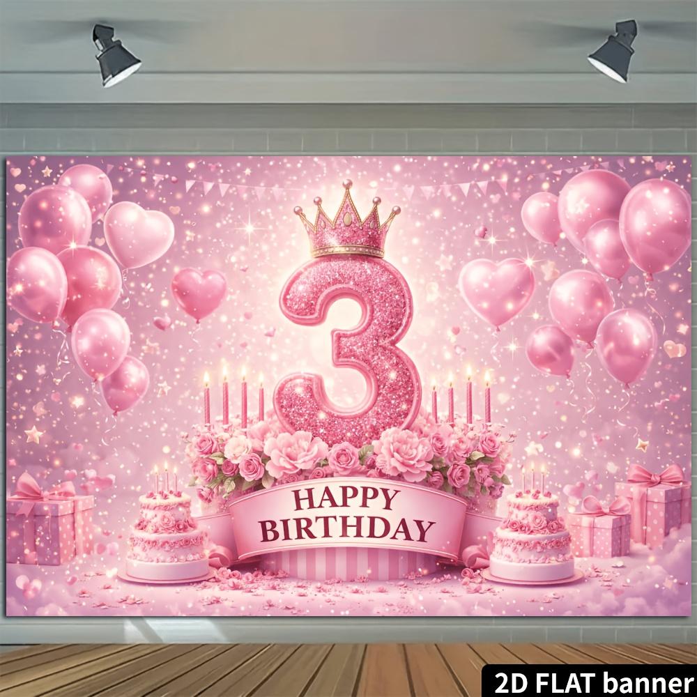 2D-Ebene 3. Geburtstag Party Banner Hintergrund - Rosa glitzernde Zahl 3 Thema kombiniert mit Kronen und rosa Herzballons