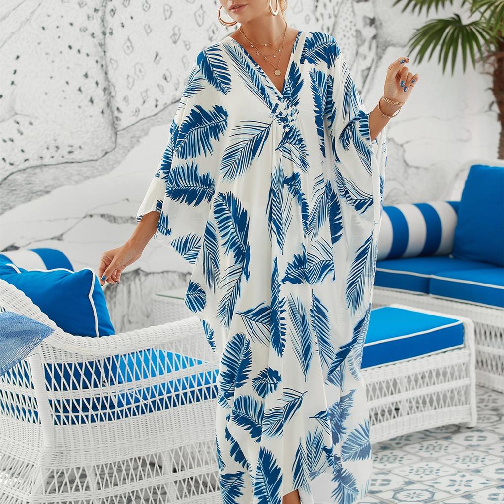 YYFS Women's Fashion Vacation Summer Spring Blue Leaf Print Long Sleeve V-Neck Casual Dresses