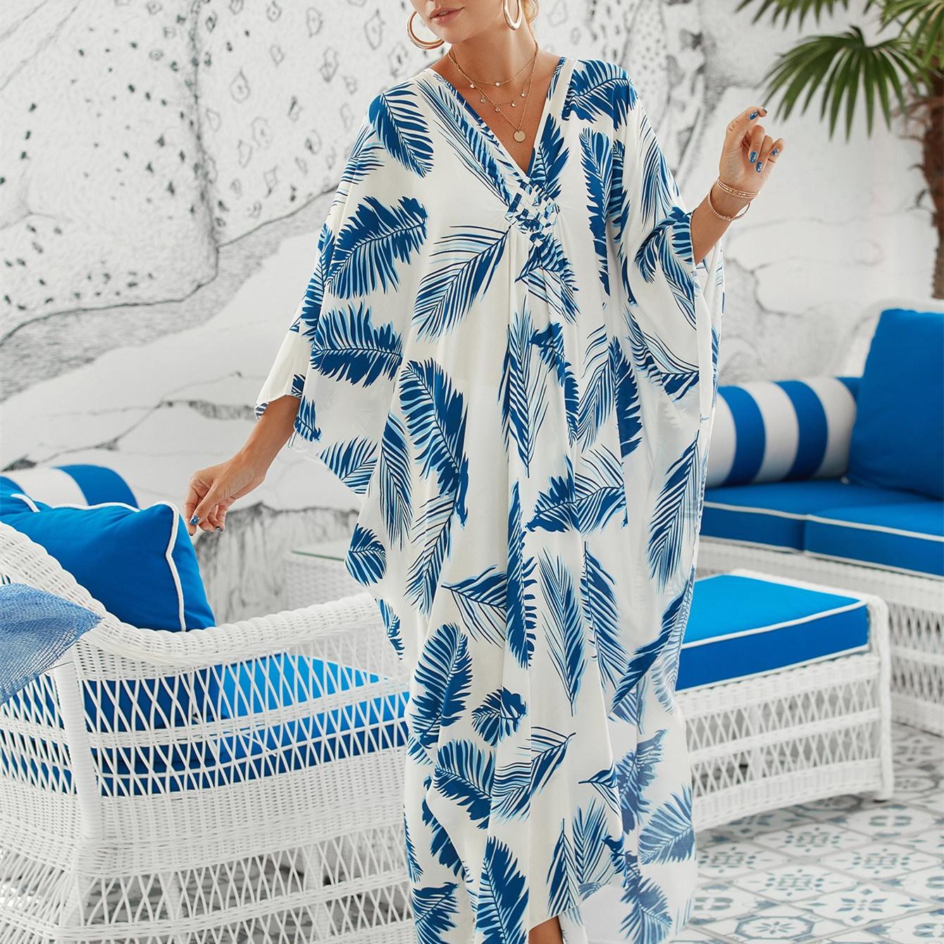 

YYFS женская мода отпуск лето весна синий лист с принтом с длинным рукавом и v-образным вырезом повседневные платья One Size белый/синий