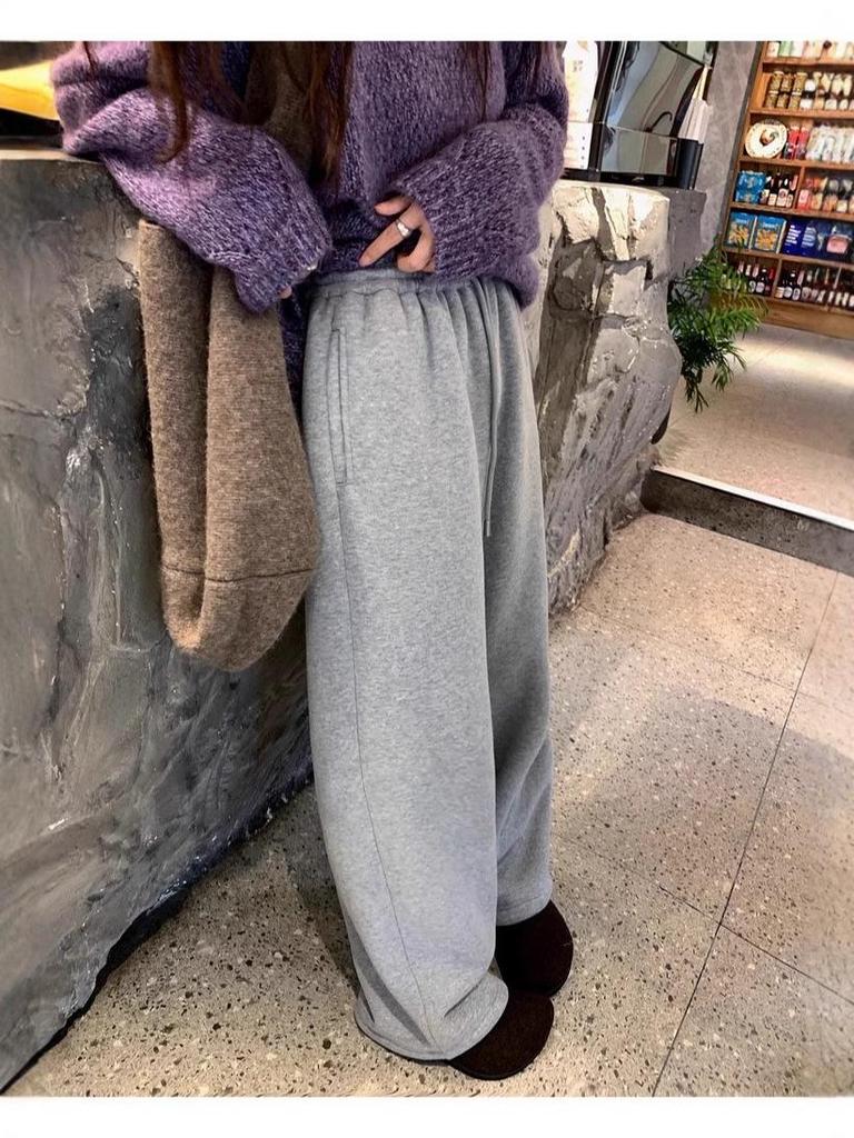 700g Lambswool Heavyweight Fleece Brushed Women's High-Waist Wide-Leg Warm Trousers