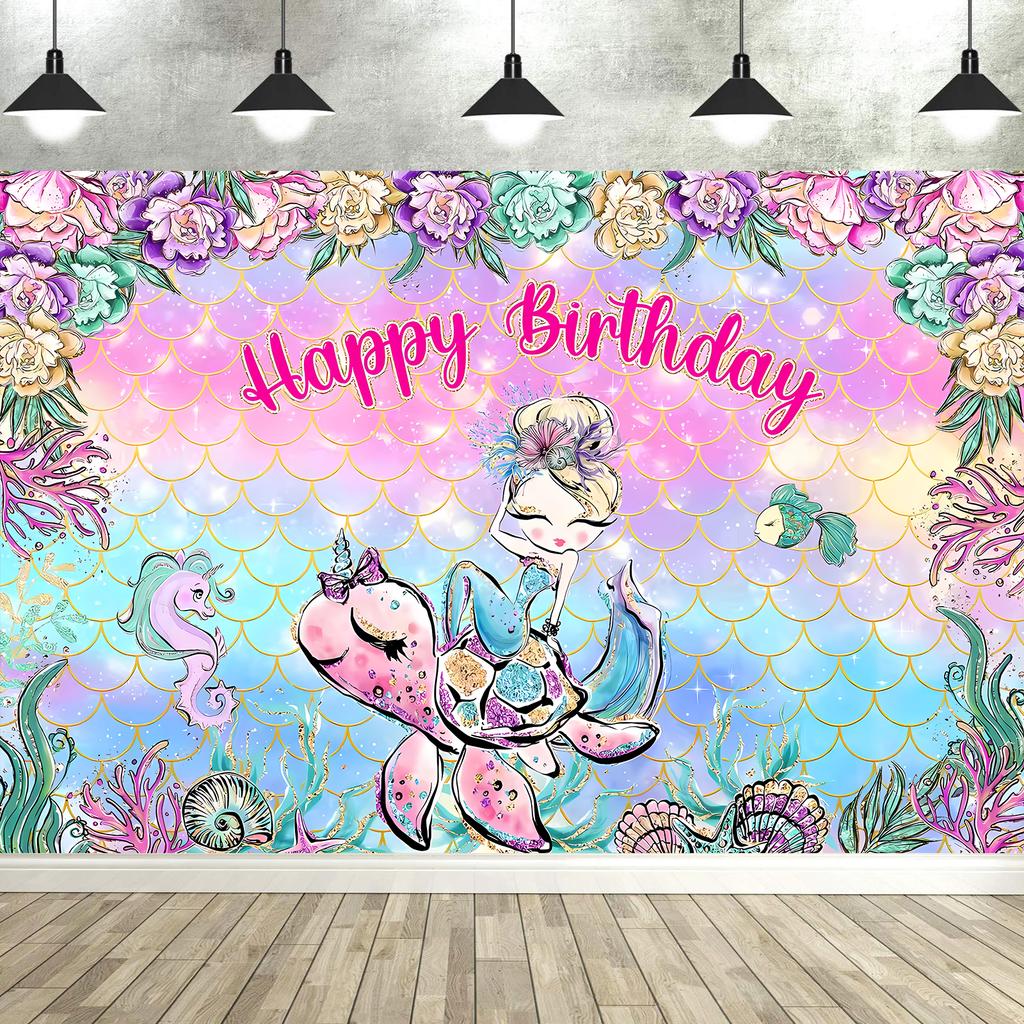Mermaid Birthday Backdrop Under The Sea Birthday Party Decoration for Girl Purple Glitter  Mermaid Tails Photography Background