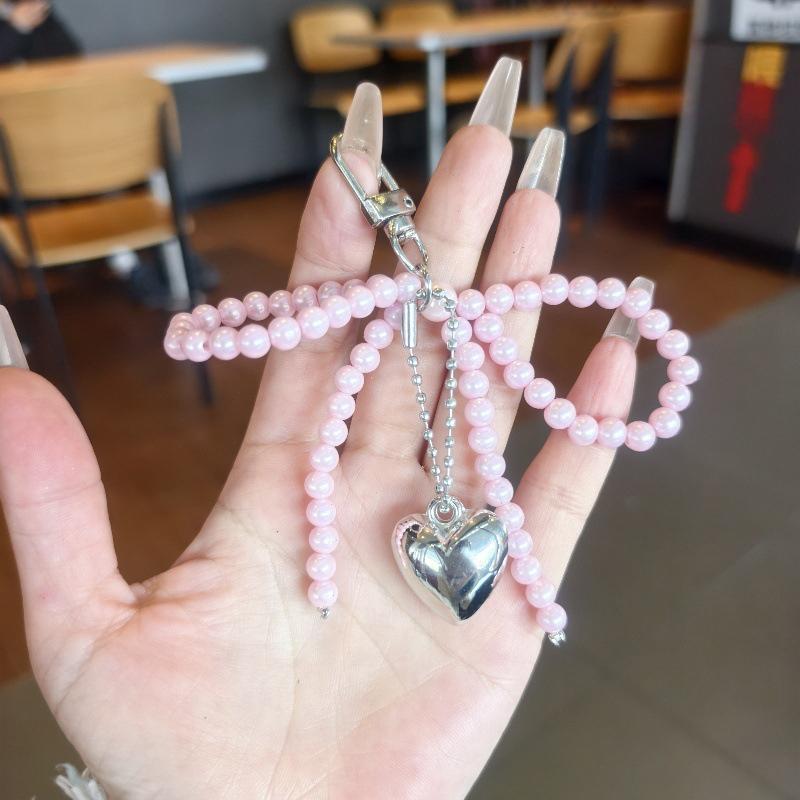 Bowknot Heart Bag Pendant Keychain Beaded Keyring White Pearl Bow Keychain Decoration For Bags Phones Car Korean Accessories