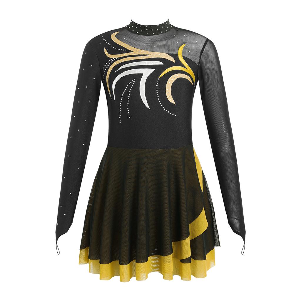 Girls Figure Skating Dress with Sparkly Rhinestones Sheer Mesh Patchwork Long Sleeve for Dance Performance