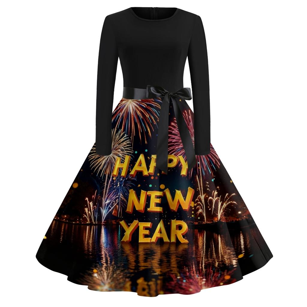 Women's Casual Fashion Round Neck Long Sleeve New Year Printed Retro Dress